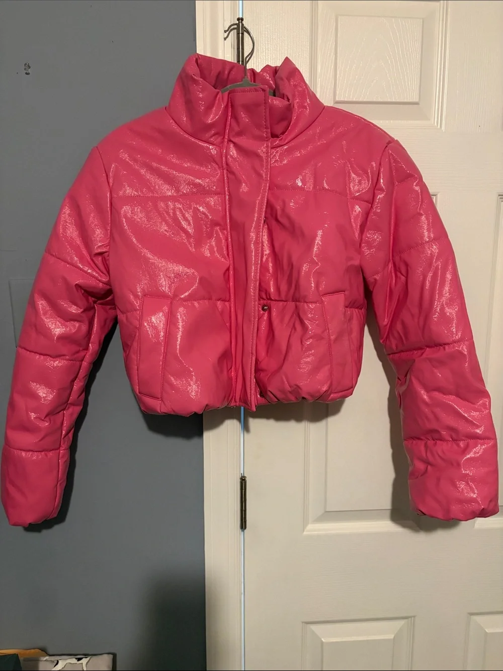 Ambiance Shiny Hot Pink Cropped Puffer Jacket